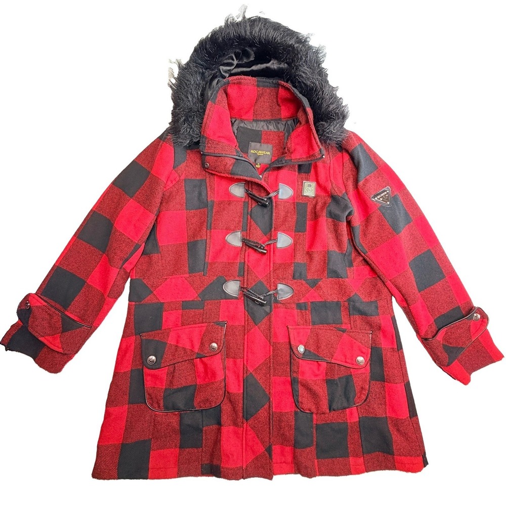 Rocawear Women's Plaid Toggle Coat Faux Fur Hood Red Black Size XL
